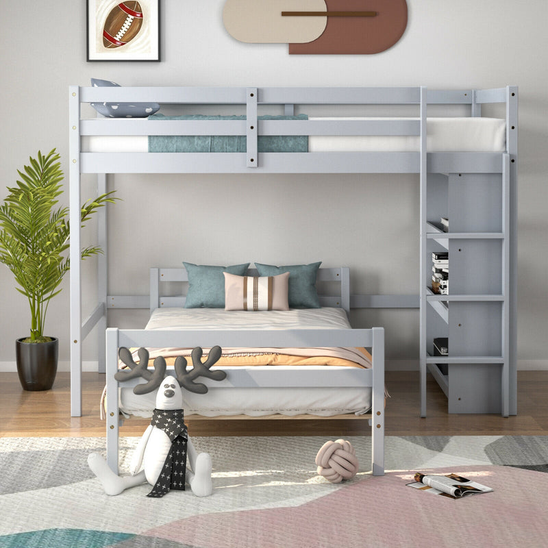 Twin Over Twin Loft Bunk Bed with Bookcase-Gray