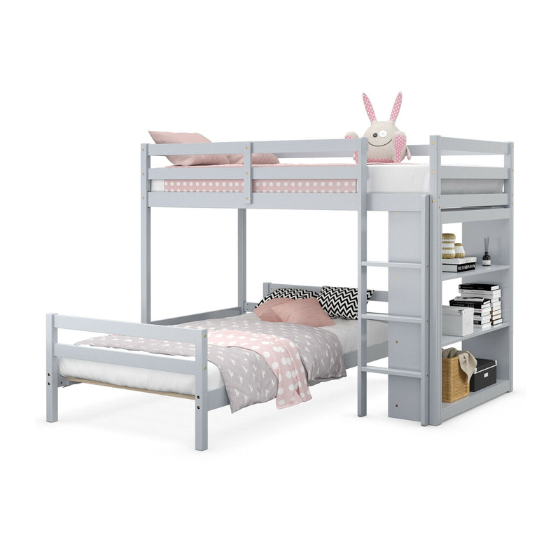 Twin Over Twin Loft Bunk Bed with Bookcase-Gray