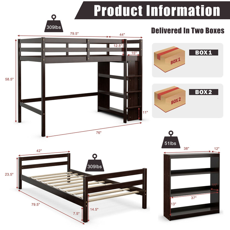 Twin Over Twin Loft Bunk Bed with Bookcase-Espresso