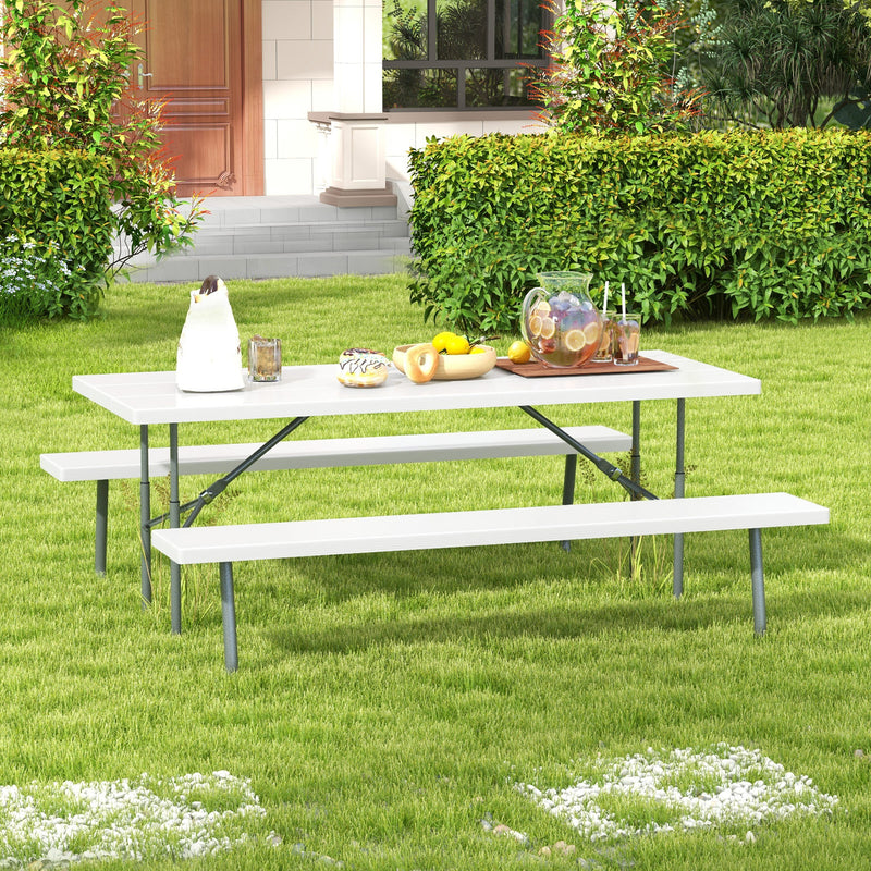 Folding Picnic Table Set with Metal Frame and All-Weather HDPE Tabletop  Umbrella Hole-White