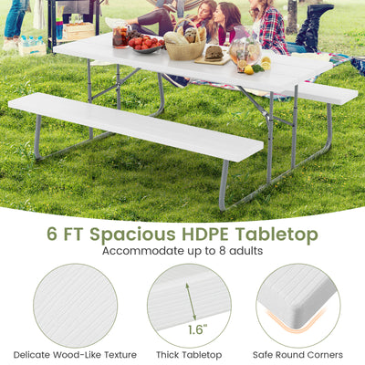 Folding Picnic Table Set with Metal Frame and All-Weather HDPE Tabletop  Umbrella Hole-White