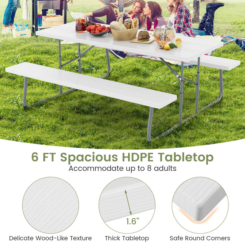 Folding Picnic Table Set with Metal Frame and All-Weather HDPE Tabletop  Umbrella Hole-White