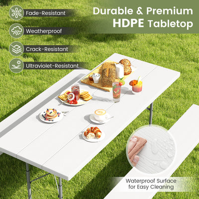 Folding Picnic Table Set with Metal Frame and All-Weather HDPE Tabletop  Umbrella Hole-White