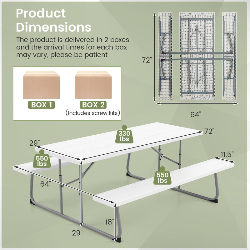 Folding Picnic Table Set with Metal Frame and All-Weather HDPE Tabletop  Umbrella Hole-White