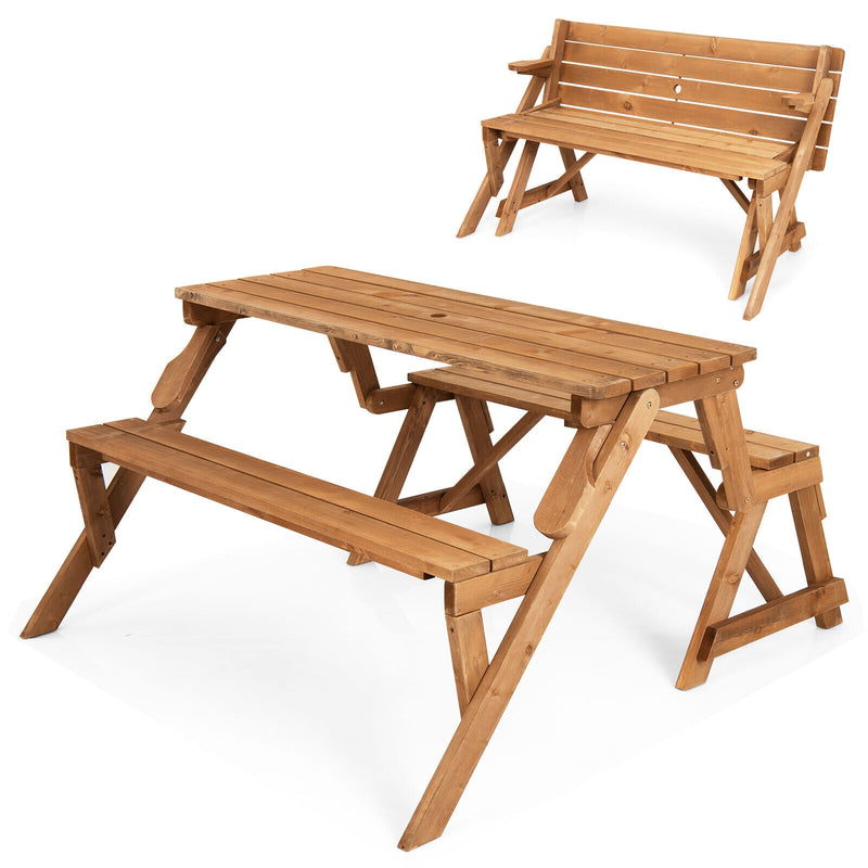 2-in-1 Transforming Interchangeable Wooden Picnic Table Bench with Umbrella Hole-Natural