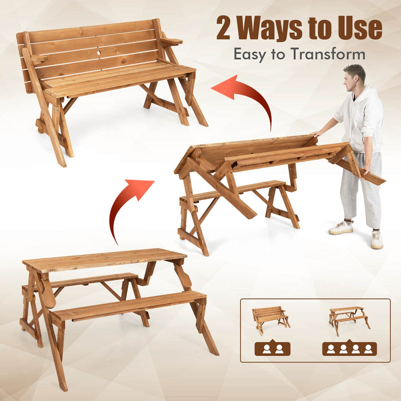 2-in-1 Transforming Interchangeable Wooden Picnic Table Bench with Umbrella Hole-Natural