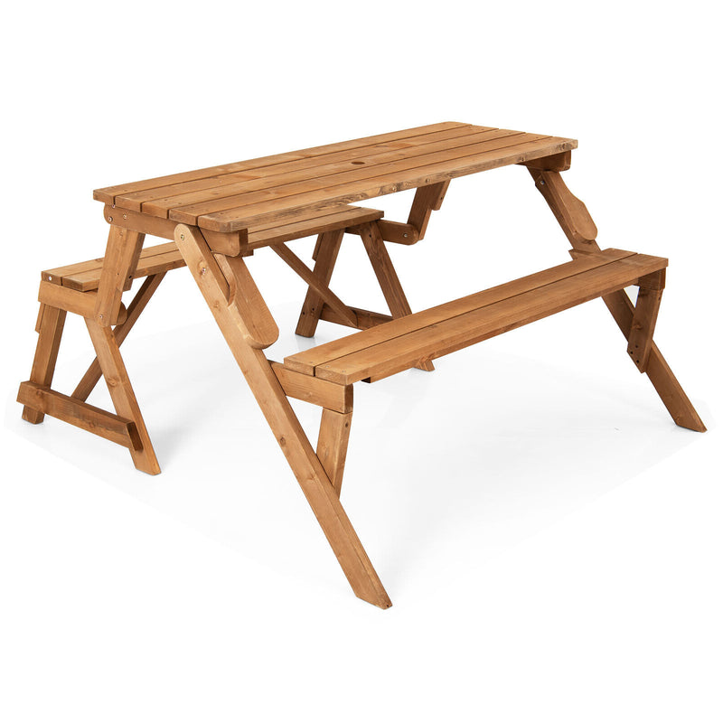 2-in-1 Transforming Interchangeable Wooden Picnic Table Bench with Umbrella Hole-Natural