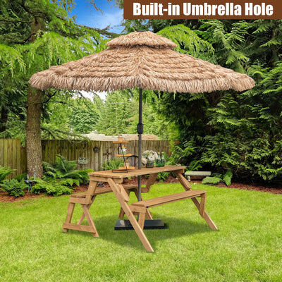 2-in-1 Transforming Interchangeable Wooden Picnic Table Bench with Umbrella Hole-Natural