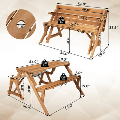 2-in-1 Transforming Interchangeable Wooden Picnic Table Bench with Umbrella Hole-Natural