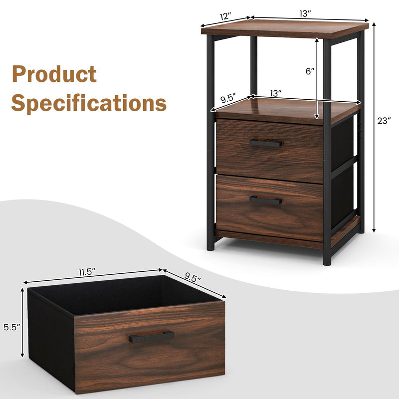 3-Tier Retro Nightstand with 2 Removable Fabric Drawers and Open Shelf-Walnut