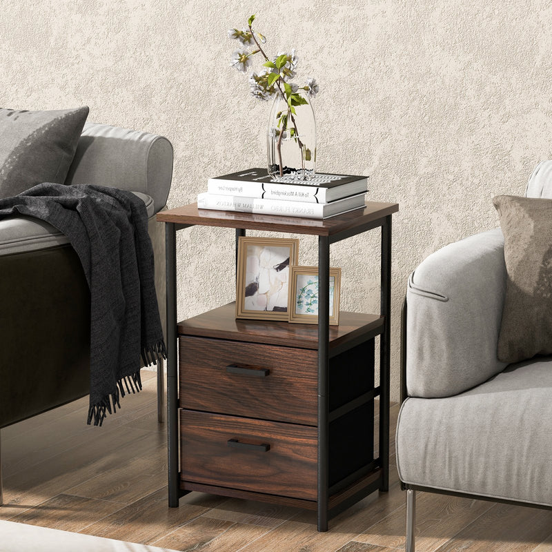 3-Tier Retro Nightstand with 2 Removable Fabric Drawers and Open Shelf-Walnut