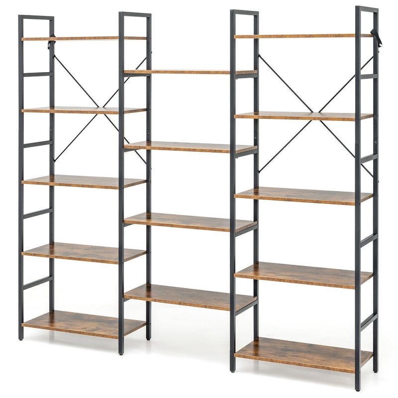 Large Triple Wide Floor Standing Bookcase Display Shelf with Metal Frame-Rustic Brown