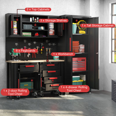 6 Pieces Garage Cabinets and Storage System Set with Pegboard and Rolling Chests