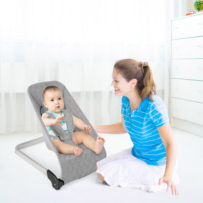 Baby Bouncer Seat with Aluminum and Metal Frame-Light Gray