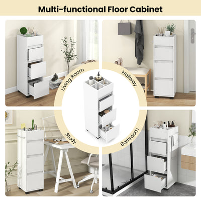 Bathroom Floor Cabinet with 3 Drawers  4 Top Dividers and 1 Towel Rack-White