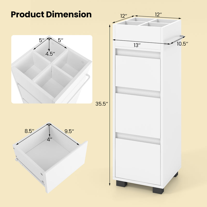 Bathroom Floor Cabinet with 3 Drawers  4 Top Dividers and 1 Towel Rack-White