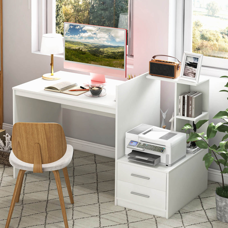 Computer Desk Home Office with Bookshelf and Drawers-White