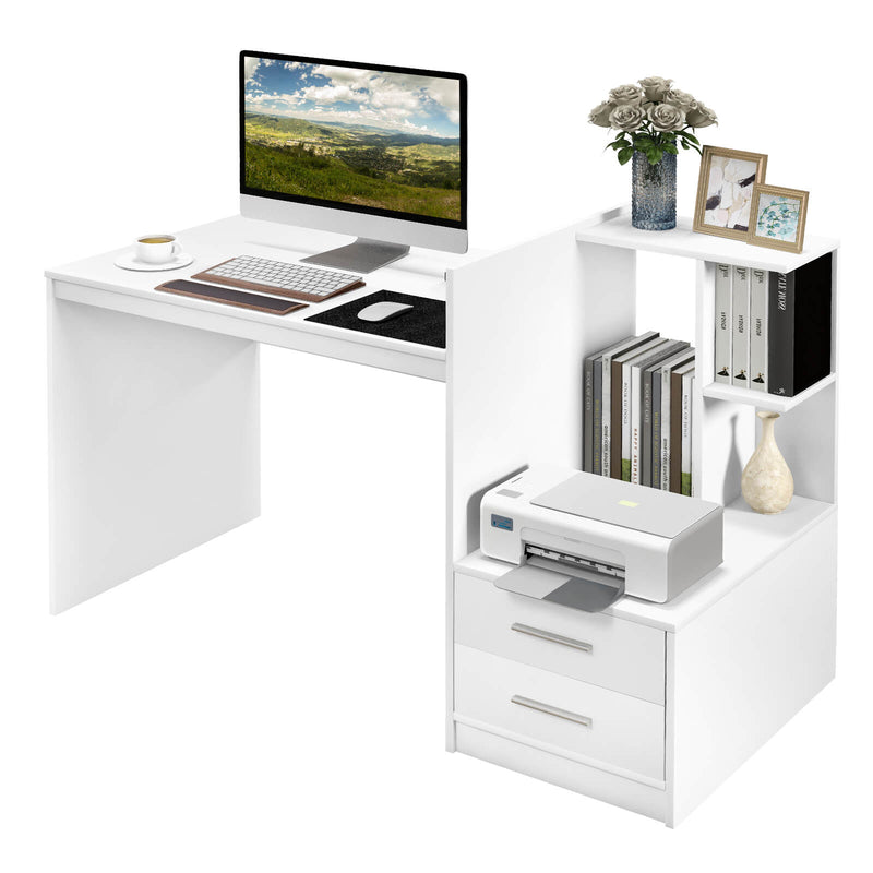 Computer Desk Home Office with Bookshelf and Drawers-White