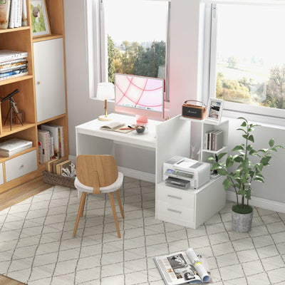 Computer Desk Home Office with Bookshelf and Drawers-White