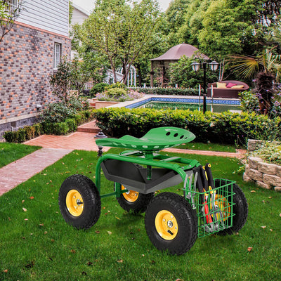 Red/Green Garden Cart Rolling Work Seat With Heavy Duty Tool Tray Gardening Planting-Green