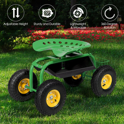 Red/Green Garden Cart Rolling Work Seat With Heavy Duty Tool Tray Gardening Planting-Green