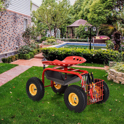 Red/Green Garden Cart Rolling Work Seat With Heavy Duty Tool Tray Gardening Planting-Red