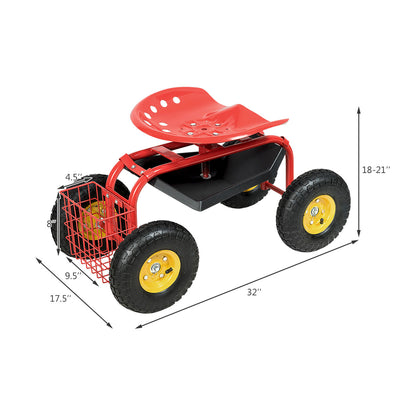 Red/Green Garden Cart Rolling Work Seat With Heavy Duty Tool Tray Gardening Planting-Red