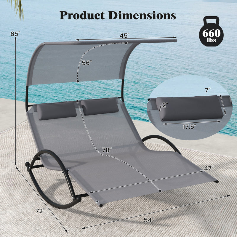 Outdoor Dual Rocker Sunbed 2-Person Canopied Patio Lounger with Detachable Headrests-Gray