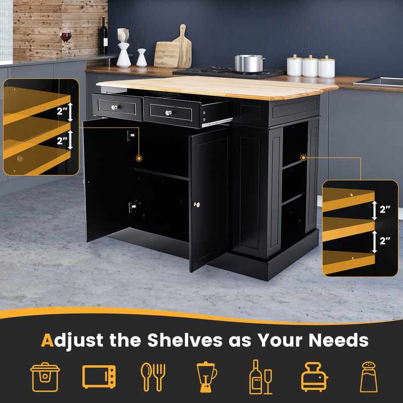 Kitchen Island with Storage and 3-Level Adjustable Shelves-Black