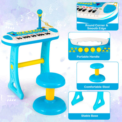 31-Key Kids Piano Keyboard Toy with Microphone and Multiple Sounds for Age 3+-Blue