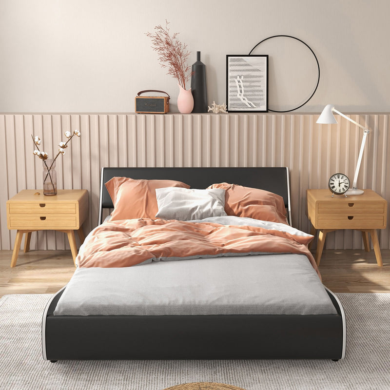 Upholstered Platform Bed Frame Low Profile Faux Leather with Curved Headboard-Full Size