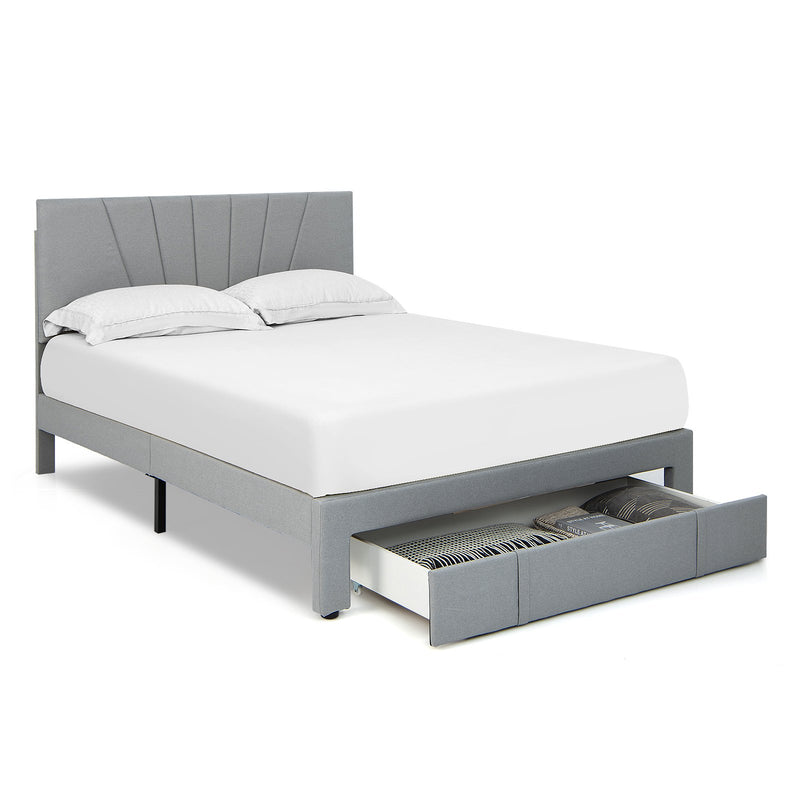 Full/Queen Size Upholstered Bed Frame with Drawer and Adjustable Headboard-Queen Size