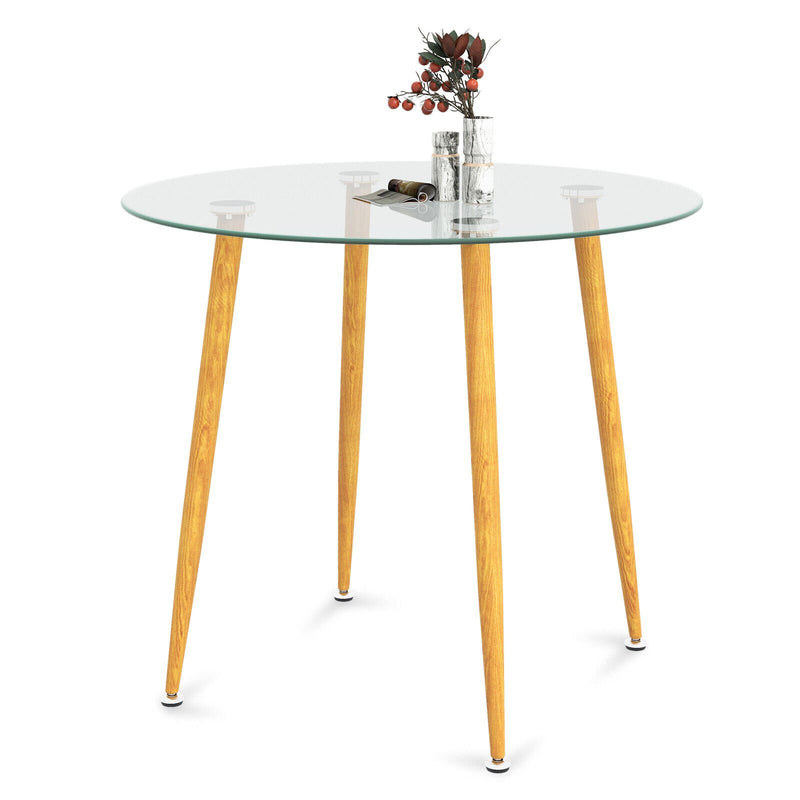 Round Glass Dining Table Leisure Coffee Table with Metal Legs-Natural