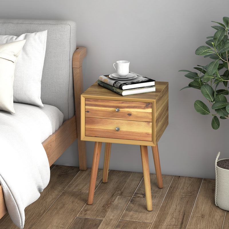 Wooden Nightstand Mid-Century End Side Table with 2 Storage Drawers-Natural