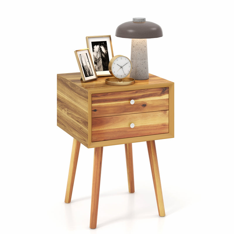 Wooden Nightstand Mid-Century End Side Table with 2 Storage Drawers-Natural