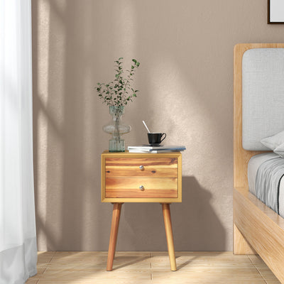 Wooden Nightstand Mid-Century End Side Table with 2 Storage Drawers-Natural