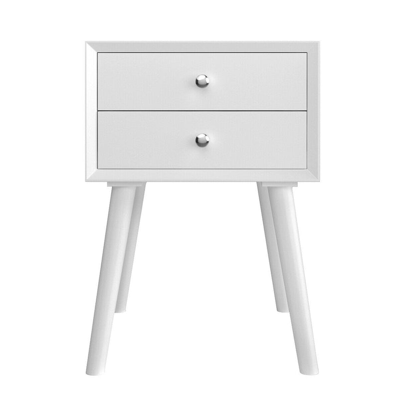 Wooden Nightstand Mid-Century End Side Table with 2 Storage Drawers-White