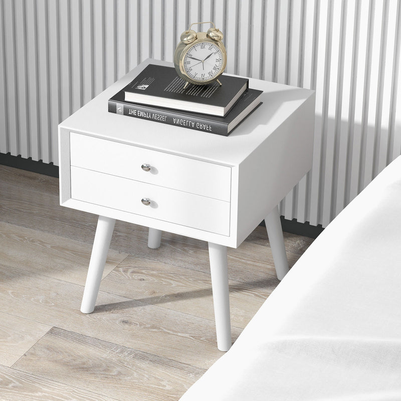 Wooden Nightstand Mid-Century End Side Table with 2 Storage Drawers-White