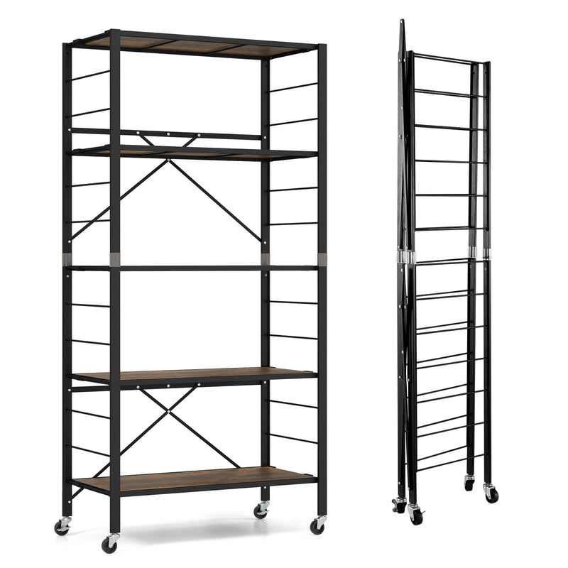 5-Tier Foldable Shelving Unit with Detachable Wheels and Anti-Toppling System-Black