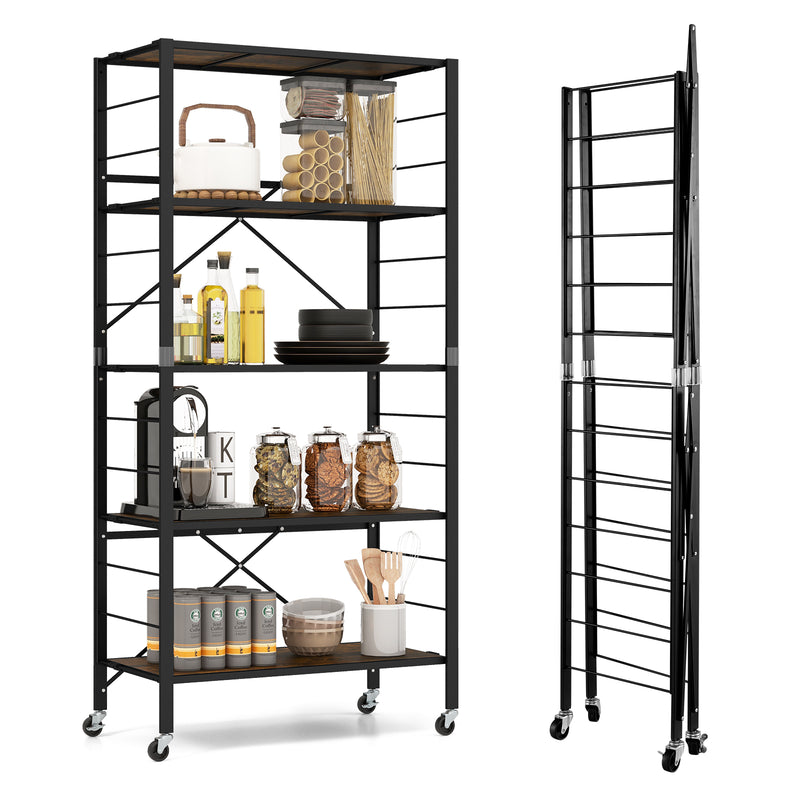 5-Tier Foldable Shelving Unit with Detachable Wheels and Anti-Toppling System-Black