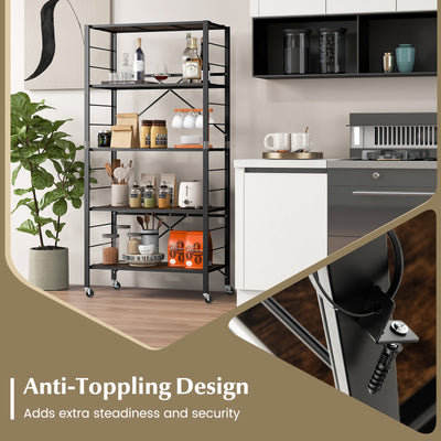 5-Tier Foldable Shelving Unit with Detachable Wheels and Anti-Toppling System-Black