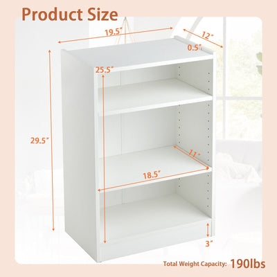 3-Tier Bookcase Open Display Rack Cabinet with Adjustable Shelves-White