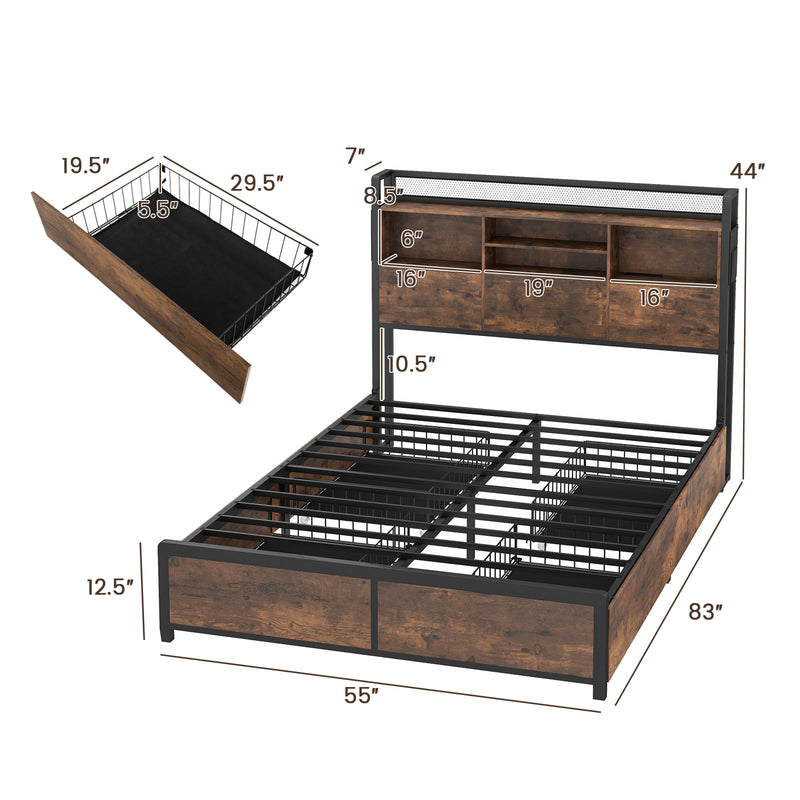 Full/Queen Size Bed Frame with Bookcase Headboard and 4 Storage Drawers-Full Size