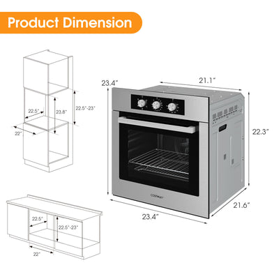 24 Inch Single Wall Oven 2.47Cu.ft with 5 Cooking Modes-Silver