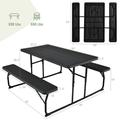 Indoor and Outdoor Folding Picnic Table Bench Set with Wood-like Texture-Black