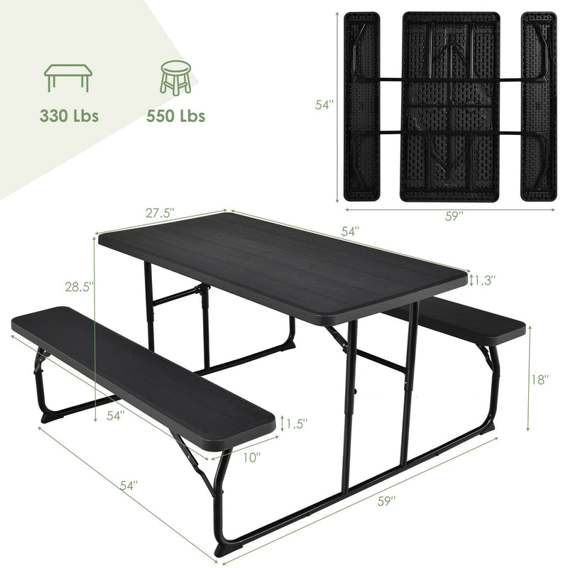 Indoor and Outdoor Folding Picnic Table Bench Set with Wood-like Texture-Black