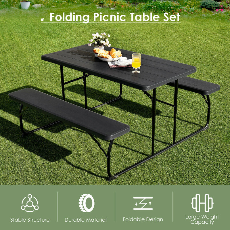 Indoor and Outdoor Folding Picnic Table Bench Set with Wood-like Texture-Black