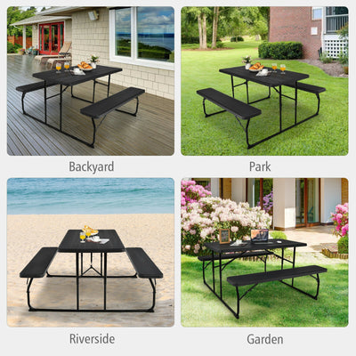 Indoor and Outdoor Folding Picnic Table Bench Set with Wood-like Texture-Black