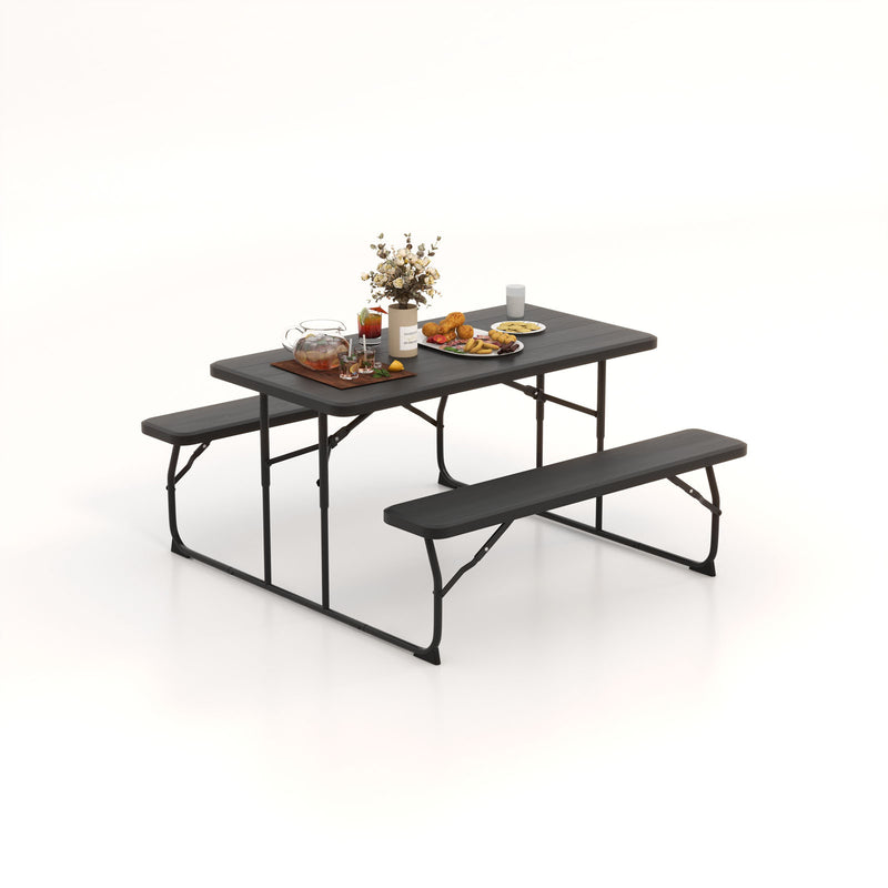 Indoor and Outdoor Folding Picnic Table Bench Set with Wood-like Texture-Black