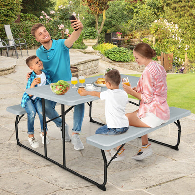 Indoor and Outdoor Folding Picnic Table Bench Set with Wood-like Texture-Gray